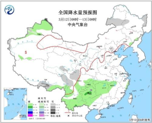 全国降水量预报图(3月12日08时-13日08时) 点击进入下一页
